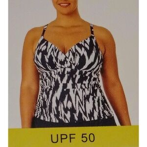 Anne Cole Tankini Swim Top UPF 50 Navy White Print Swimsuit Top Large / #7101